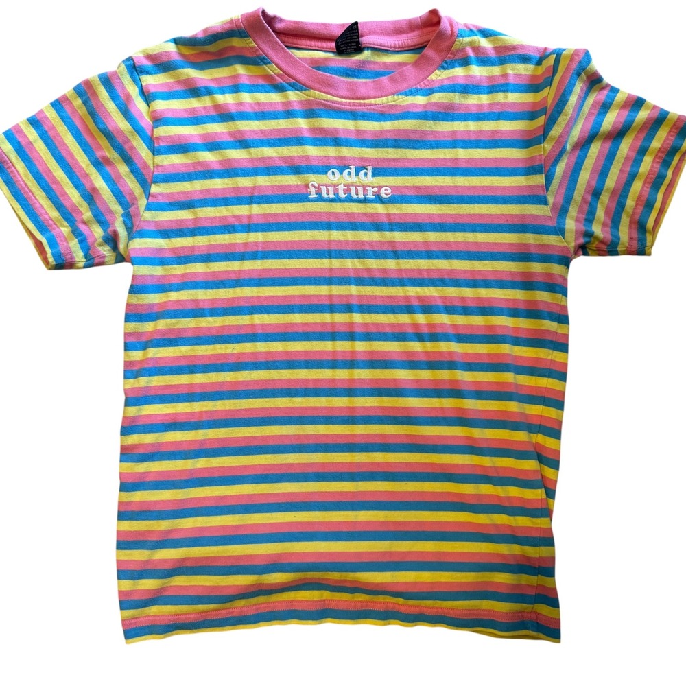 Odd Future T Shirt Unisex Small Pink Yellow Blue Striped Embroidered Logo Tee